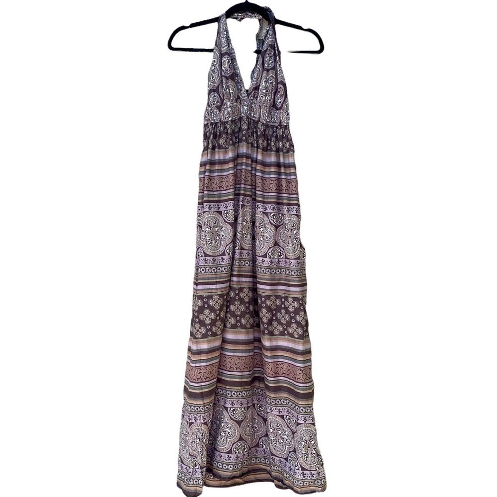 GAP Boho Dress Lined Tie Neck Maxi Brown Beach Sun Dress